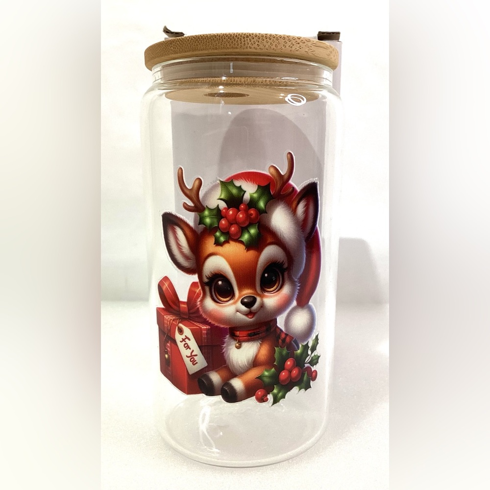 Christmas Glass Tumbler w Woden Lid 16oz New w Original Box